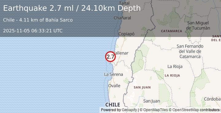 Earthquake OFFSHORE ATACAMA, CHILE (2.7 ml) (2025-11-05 06:33:21 UTC)