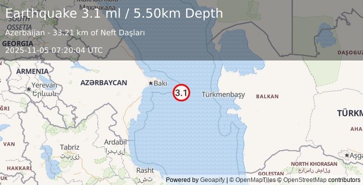 Earthquake CASPIAN SEA, OFFSHORE AZERBAIJAN (3.1 ml) (2025-11-05 07:20:04 UTC)