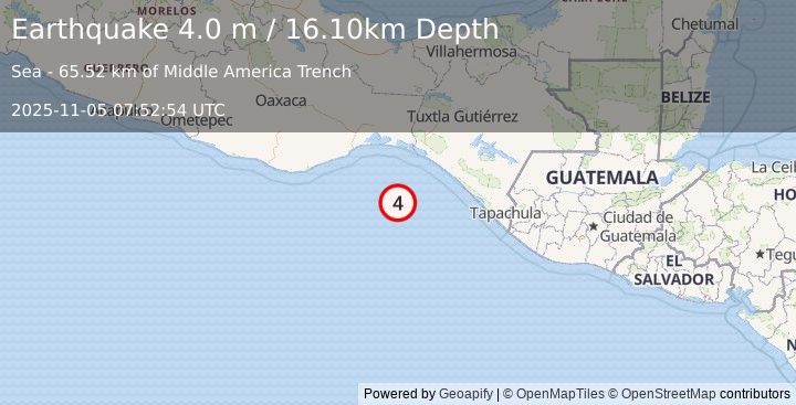 Earthquake OFF COAST OF CHIAPAS, MEXICO (4.0 m) (2025-11-05 07:52:54 UTC)