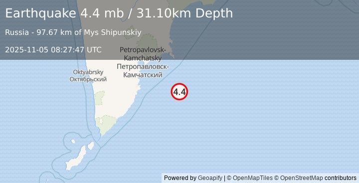 Earthquake OFF EAST COAST OF KAMCHATKA (4.4 mb) (2025-11-05 08:27:47 UTC)