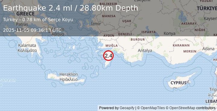 Earthquake DODECANESE IS.-TURKEY BORDER REG (2.4 ml) (2025-11-05 09:36:13 UTC)