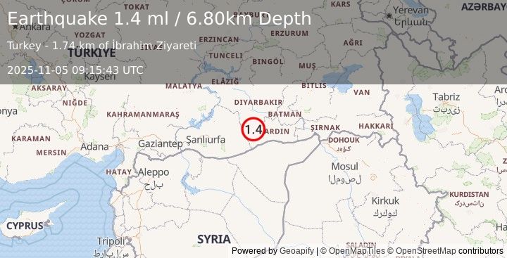 Earthquake EASTERN TURKEY (1.4 ml) (2025-11-05 09:15:43 UTC)