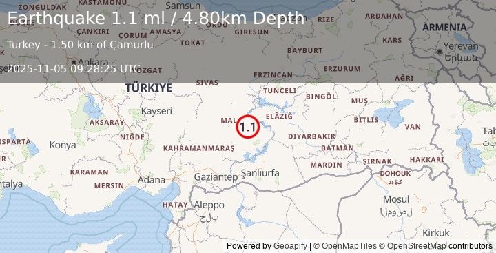 Earthquake EASTERN TURKEY (1.1 ml) (2025-11-05 09:28:25 UTC)