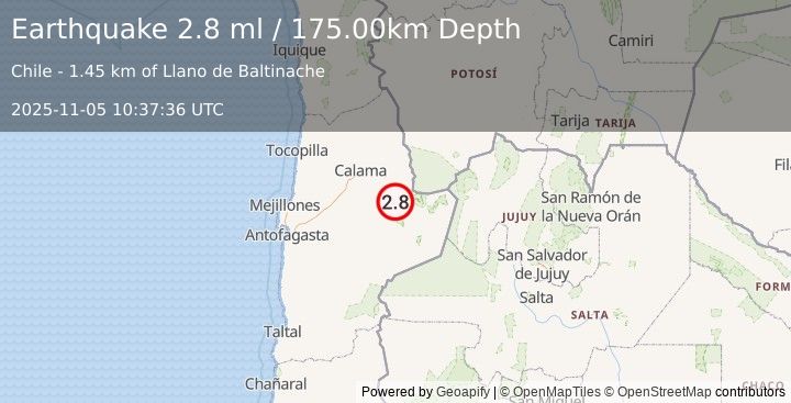 Earthquake ANTOFAGASTA, CHILE (2.8 ml) (2025-11-05 10:37:36 UTC)