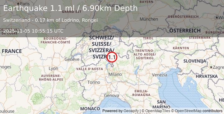 Earthquake SWITZERLAND (1.1 ml) (2025-11-05 10:55:15 UTC)