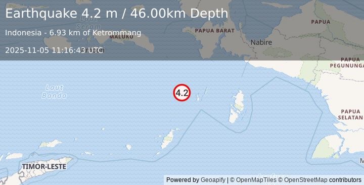 Earthquake KEPULAUAN KAI, INDONESIA (4.2 m) (2025-11-05 11:16:43 UTC)