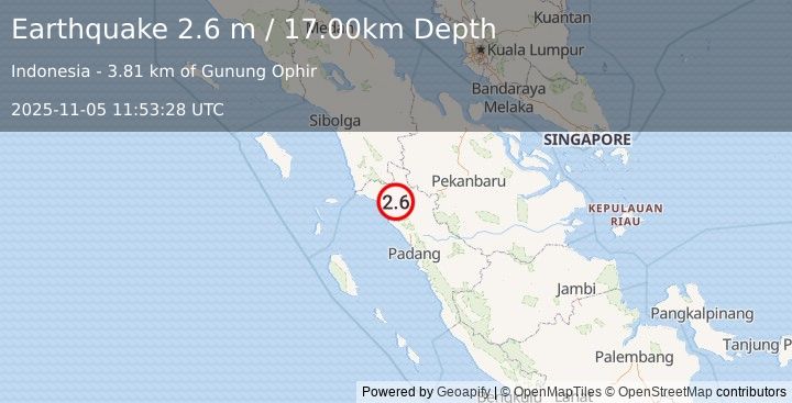 Earthquake NORTHERN SUMATRA, INDONESIA (2.6 m) (2025-11-05 11:53:28 UTC)
