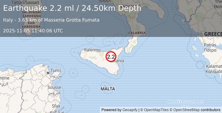 Earthquake SICILY, ITALY (2.2 ml) (2025-11-05 11:40:06 UTC)