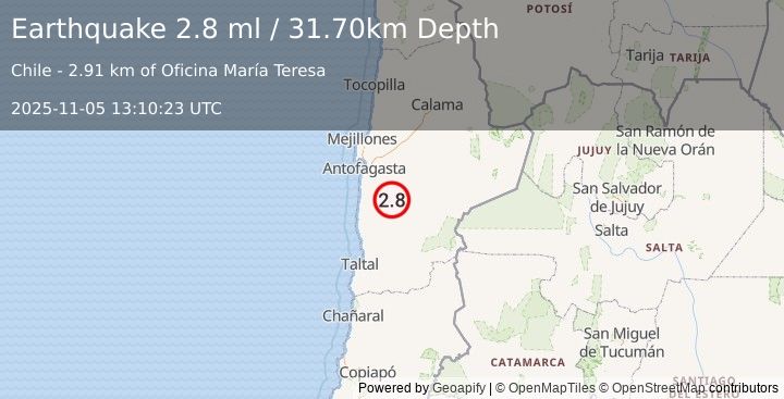 Earthquake ANTOFAGASTA, CHILE (2.8 ml) (2025-11-05 13:10:23 UTC)
