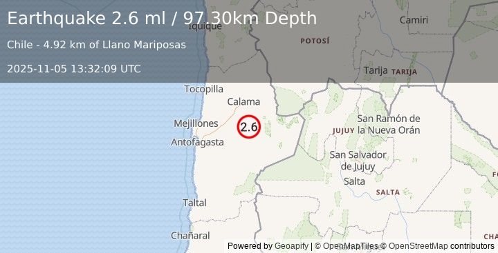 Earthquake ANTOFAGASTA, CHILE (2.6 ml) (2025-11-05 13:32:09 UTC)