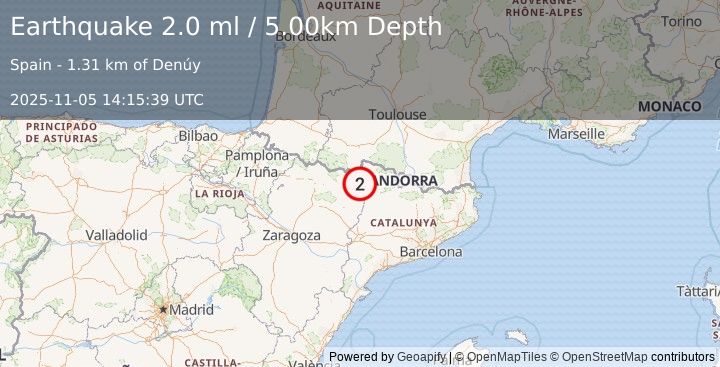 Earthquake PYRENEES (2.0 ml) (2025-11-05 14:15:39 UTC)