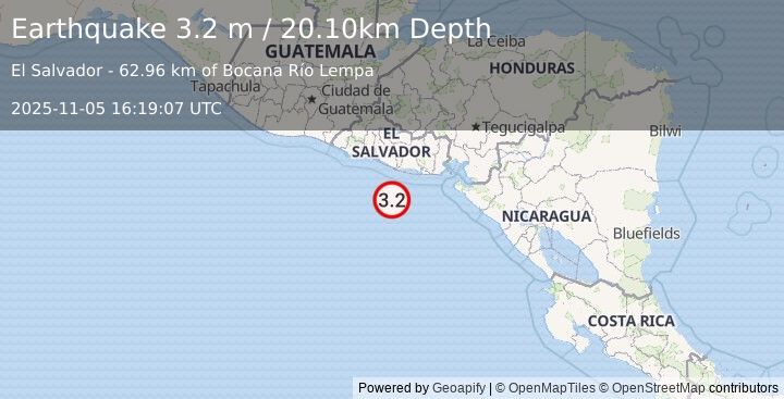 Earthquake OFFSHORE EL SALVADOR (3.2 m) (2025-11-05 16:19:07 UTC)