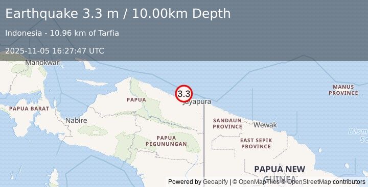Earthquake NEAR N COAST OF PAPUA, INDONESIA (3.3 m) (2025-11-05 16:27:47 UTC)