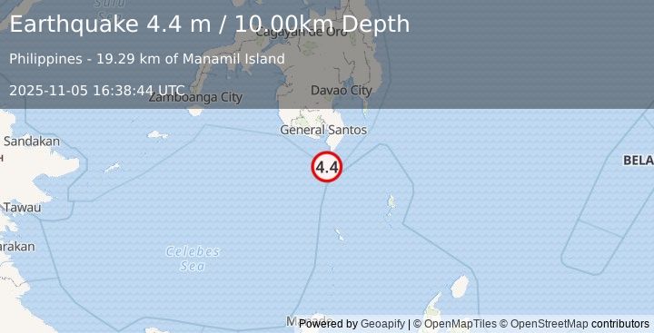 Earthquake MINDANAO, PHILIPPINES (4.4 m) (2025-11-05 16:38:44 UTC)