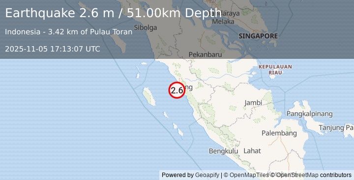 Earthquake SOUTHERN SUMATRA, INDONESIA (2.6 m) (2025-11-05 17:13:07 UTC)