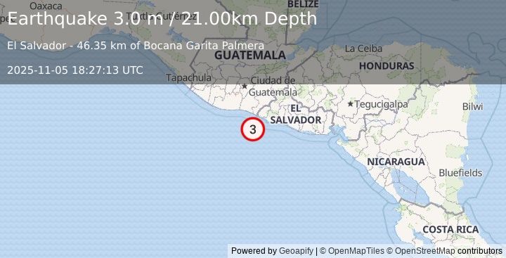 Earthquake OFFSHORE EL SALVADOR (3.0 m) (2025-11-05 18:27:14 UTC)