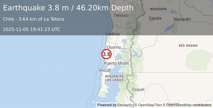 Earthquake LOS LAGOS, CHILE (4.0 ml) (2025-11-05 19:41:24 UTC)