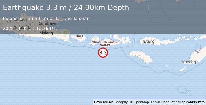 Earthquake SUMBAWA REGION, INDONESIA (3.3 m) (2025-11-05 21:10:36 UTC)