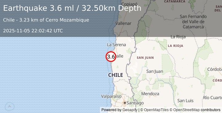 Earthquake COQUIMBO, CHILE (3.6 ml) (2025-11-05 22:02:42 UTC)