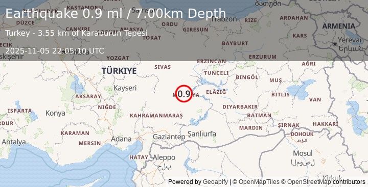 Earthquake EASTERN TURKEY (0.9 ml) (2025-11-05 22:05:10 UTC)