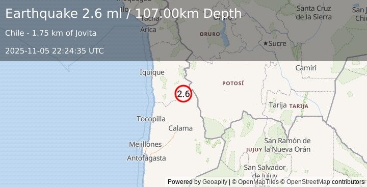 Earthquake TARAPACA, CHILE (2.6 ml) (2025-11-05 22:24:35 UTC)