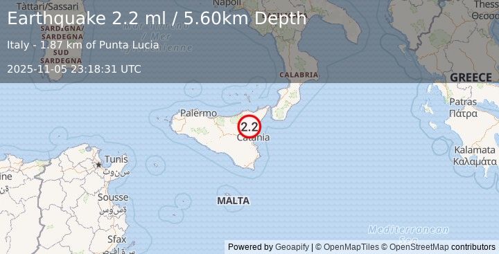 Earthquake SICILY, ITALY (2.2 ml) (2025-11-05 23:18:31 UTC)