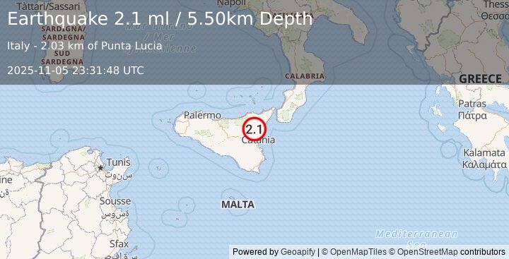 Earthquake SICILY, ITALY (2.1 ml) (2025-11-05 23:31:48 UTC)