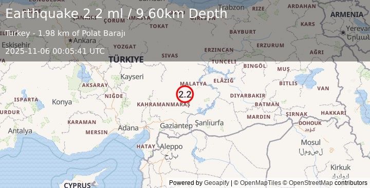 Earthquake CENTRAL TURKEY (2.2 ml) (2025-11-06 00:05:41 UTC)
