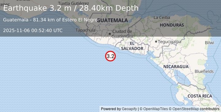 Earthquake OFFSHORE EL SALVADOR (3.2 m) (2025-11-06 00:52:40 UTC)