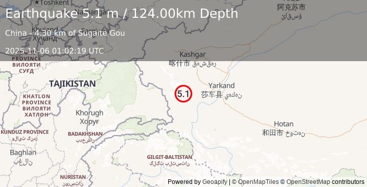 Earthquake SOUTHERN XINJIANG, CHINA (4.8 m) (2025-11-06 01:02:18 UTC)