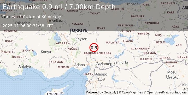 Earthquake CENTRAL TURKEY (0.9 ml) (2025-11-06 00:31:38 UTC)