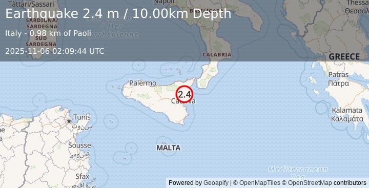 Earthquake SICILY, ITALY (2.4 ml) (2025-11-06 02:09:43 UTC)