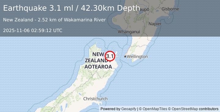Earthquake SOUTH ISLAND OF NEW ZEALAND (3.1 ml) (2025-11-06 02:59:12 UTC)
