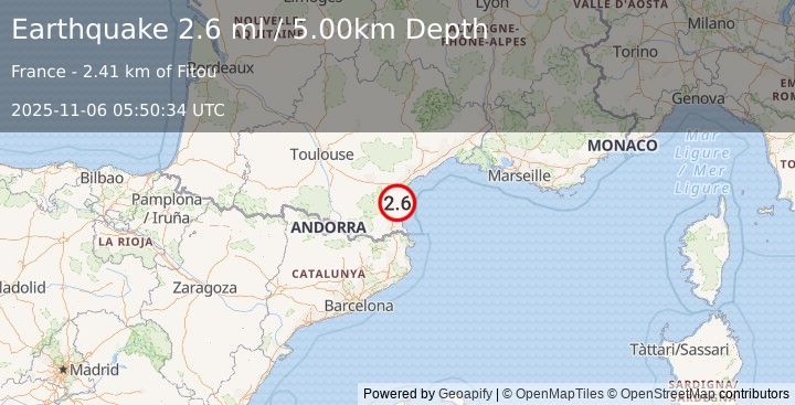 Earthquake PYRENEES (2.6 ml) (2025-11-06 05:50:34 UTC)