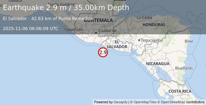 Earthquake OFFSHORE EL SALVADOR (2.9 m) (2025-11-06 06:06:08 UTC)
