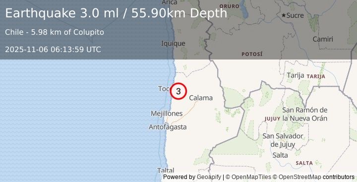 Earthquake ANTOFAGASTA, CHILE (2.6 ml) (2025-11-06 06:13:09 UTC)