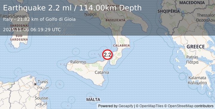 Earthquake SICILY, ITALY (2.2 ml) (2025-11-06 06:19:29 UTC)