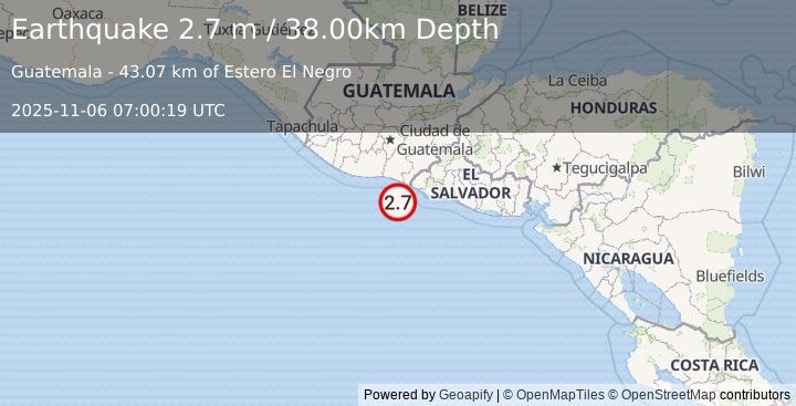 Earthquake OFFSHORE GUATEMALA (2.7 m) (2025-11-06 07:00:19 UTC)