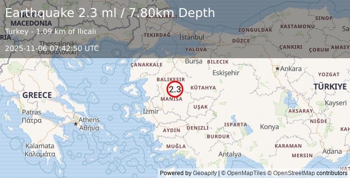 Earthquake WESTERN TURKEY (2.1 ml) (2025-11-06 07:43:15 UTC)