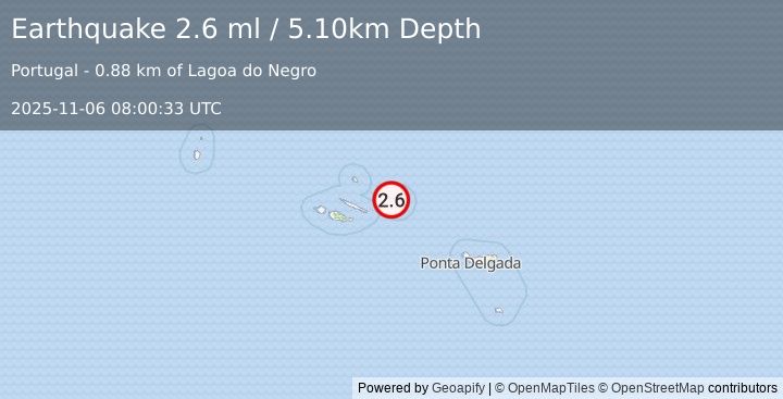 Earthquake AZORES ISLANDS, PORTUGAL (2.6 ml) (2025-11-06 08:00:33 UTC)