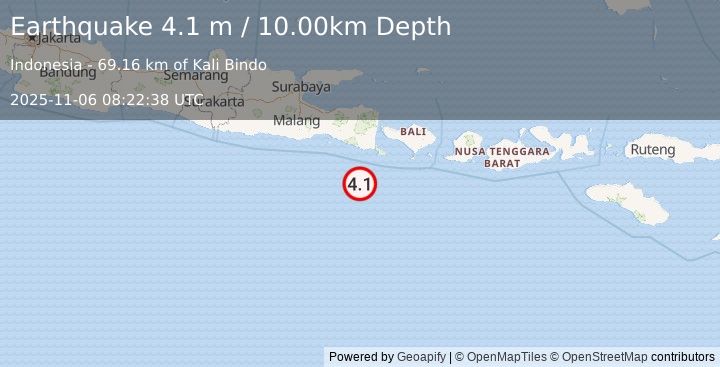 Earthquake SOUTH OF BALI, INDONESIA (4.1 m) (2025-11-06 08:22:38 UTC)