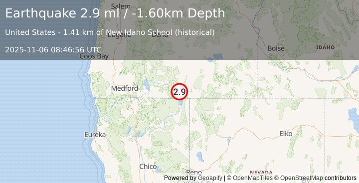 Earthquake OREGON (2.9 ml) (2025-11-06 08:46:56 UTC)
