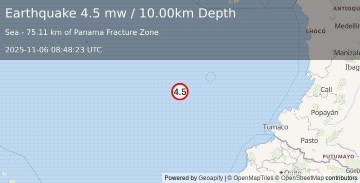 Earthquake SOUTH OF PANAMA (4.5 mw) (2025-11-06 08:48:23 UTC)