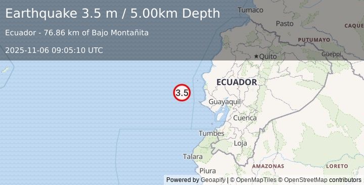 Earthquake OFF COAST OF ECUADOR (3.3 ml) (2025-11-06 09:05:11 UTC)