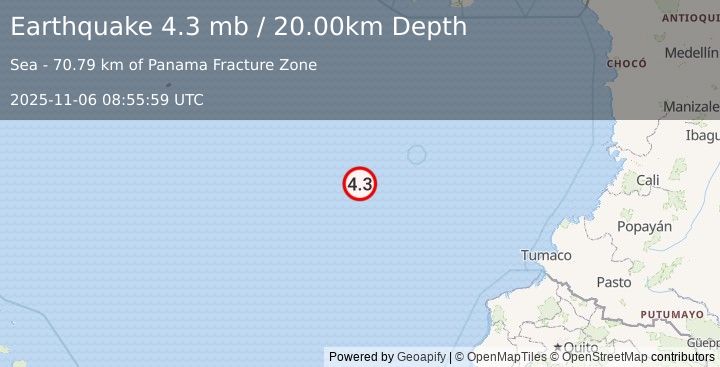 Earthquake OFF COAST OF CENTRAL AMERICA (4.6 mb) (2025-11-06 08:55:57 UTC)