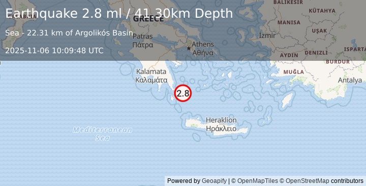 Earthquake SOUTHERN GREECE (2.8 ml) (2025-11-06 10:09:48 UTC)
