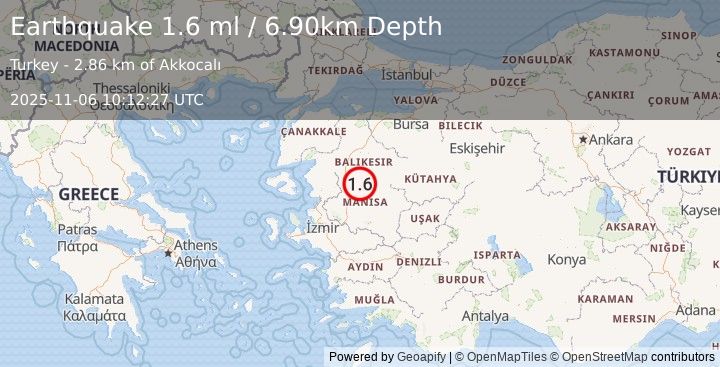 Earthquake WESTERN TURKEY (1.6 ml) (2025-11-06 10:12:27 UTC)