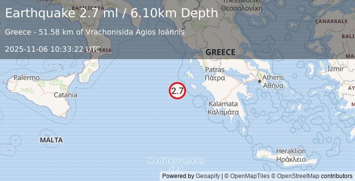Earthquake IONIAN SEA (2.7 ml) (2025-11-06 10:33:22 UTC)