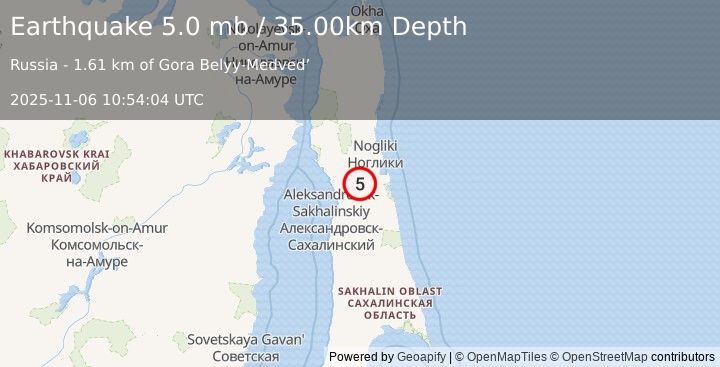 Earthquake SAKHALIN, RUSSIA (4.9 mb) (2025-11-06 10:54:00 UTC)