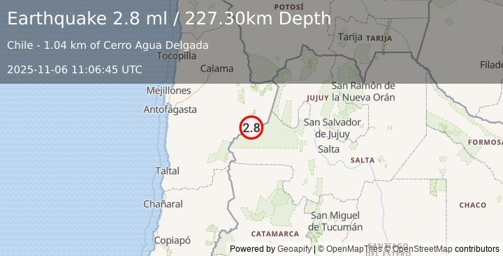Earthquake ANTOFAGASTA, CHILE (2.8 ml) (2025-11-06 11:06:45 UTC)